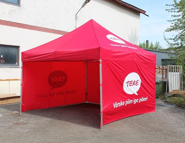 Punainen Tere teltta valkoisilla logoillaPop Up Teltat  - Pop-UP  teltat.